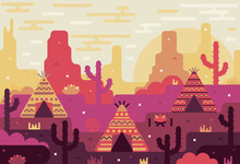 Wigwam And Tipi Indians In The Landscape Of America. Vector Flat Cartoon Illustration