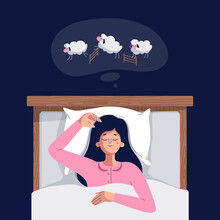 Sleeping Woman Vector Illustration. Cute Sleepy Girl Lying In The Bed Under Soft Duvet, Having A Good Dream. Dream Cloud With Sheep. Sleep Tight, Sweet Dreams, Fast Asleep Concept For Web.Flat Design