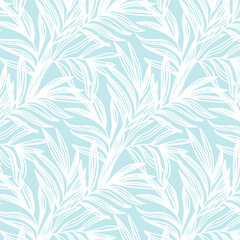 Tropical seamless pattern print with white palm leaves on blue background. Illustration for Surface, Invitation, Notebook, Banner, Wrap Paper, Textile, Cover, Magazine, Postcard, Fabric