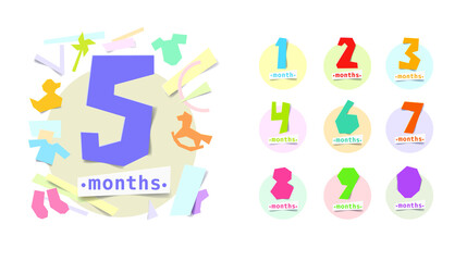 set of vector stickers with the inscription 1, 2, 3, 4, 5, 6, 7, 8, 9, 0 months. happy birthday card