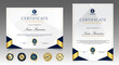 © Yuni25 - Certificate of appreciation template, gold and blue color. Clean modern certificate with gold badge. Certificate border template with luxury and modern line pattern. Diploma vector template
