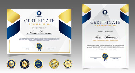 Wall Mural - certificate of appreciation template, gold and blue color. clean modern certificate with gold badge.