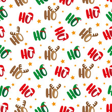 Ho Ho Ho Seamless Pattern With Santa's Hat, Deer Antler, And Elf Hat. Islolated On White Background. Good For Textile Print, Wrapping Paper, Cover, Label And Other Decoration.