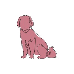 Poster - one single line drawing of simple cute puppy dog icon. pet shop logo emblem vector concept. dynamic 