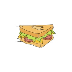 Wall Mural - Single continuous line drawing of stylized American sandwich logo label. Emblem fast food restaurant concept. Modern one line draw design vector illustration for cafe, shop or food delivery service