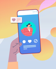 Poster - hand using mobile app for online dating with female profile on smartphone screen social media virtua