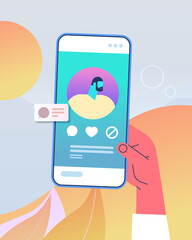 Poster - hand using mobile app for online dating with male profile on smartphone screen social media virtual 