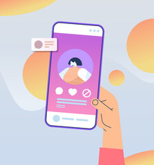 Poster - hand using mobile app for online dating with female profile on smartphone screen social media virtua