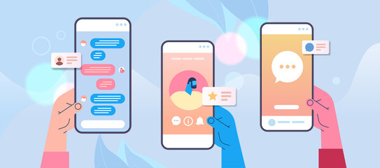 Poster - hands using mobile chatting apps on smartphone screens online communication talking speak conversati