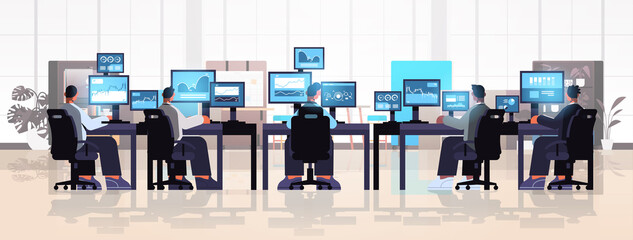 Aufkleber - traders team stock market brokers analyzing charts graphs and rates on computer monitors at workplac