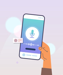 Poster - hand recording or listening voice messages on smartphone screen audio record sending online communic