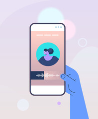 Poster - hand recording or listening voice messages on smartphone screen audio record sending online communic