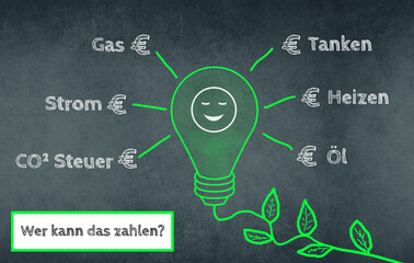 Green colored light bulb with a plant cable, words like fuel costs, electricity price are standing in german language on a chalkboard, drawing