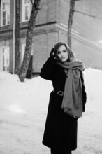 Beautiful Girl, Dark Hair, Winter, Walking Around The City, Black Coat, Black White Photo