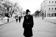 Beautiful Girl, Dark Hair, Winter, Walking Around The City, Black Coat, Black White Photo