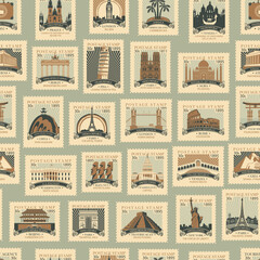 Vector seamless pattern with old postage stamps with sights from different countries. Repeating background in retro style on a travel theme. Suitable for wallpaper, wrapping paper or fabric design