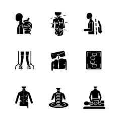 Wall Mural - Scoliosis diagnosis and treatment black glyph icons set on white space. Spinal column problems. Medical examination. Correction methods and exercises. Silhouette symbols. Vector isolated illustration