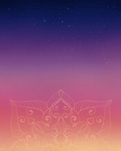 Abstract Gradient Sunset Sky Background With Stars And Transparent Mandala Ornament 