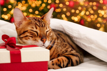 Wall Mural - Cute beautiful striped bengal cat sleep by Christmas tree on gift box,pet ly on present under white blanket,on bed at home,close-up.Cozy New Year holiday,relax,calm winter evening idea.Greeting card.