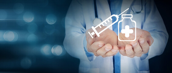 Wall Mural - Doctor holding a vaccine and syringe icon in his hand