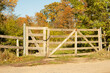 Sunny autumn day infront of an old vintage looking farm wooden fence gate.