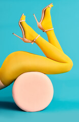 Wall Mural - Legs of beautiful young woman wearing bright yellow tights and high heels shoes lying on pouf