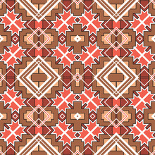 Seamless Ethnic Pattern With A Predominance Of Brown And Red. White Rhombuses. Vector Illustration