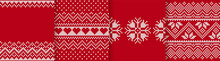 Knit Prints. Christmas Seamless Pattern. Vector. Red Knitted Sweater Texture. Set Xmas Winter Geometric Background. Holiday Fair Isle Traditional Ornaments. Wool Pullover Illustration. Festive Crochet