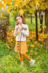 Wall Mural - Teens fashion. Portrait of a young brunette girl in beige leather jacket in the background of autumn park.cute girl in yellow skirt stands near red rowanberry tree
