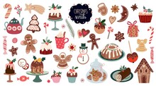 Christmas sweets big collection, with seasonal winter desserts, muffins, cookies, gingerbread, rolls, vector design decorative elements isolated on white, seasonal design