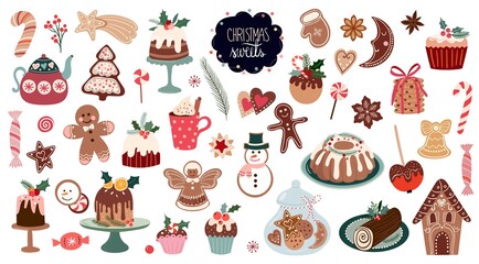 Wall Mural - christmas sweets big collection, with seasonal winter desserts, muffins, cookies, gingerbread, rolls