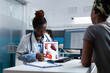 African american specialist cardiologist explaining heart radiography expertise to sick patient discussing medication treatment during clinical appointment. Doctor woman working in hospital office