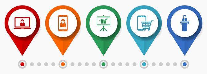 Poster - Business concept, commerce and shopping vector icon set, flat design pointers, infographic template