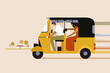 Illustration of a moving Indian three wheeler auto rickshaw with passengers