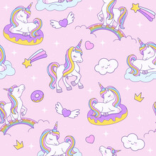 Unicorn Seamless Pink Pattern With Unicorns On A Rainbow, On A Cloud And On A Donut. Endless Background For Textiles, Notebooks, Cards And Children’s Birthday Celebrations. Vector Stock Cute Texture.