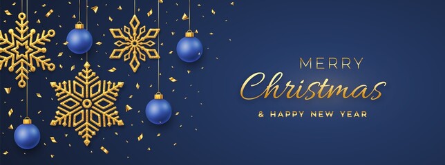 Wall Mural - Christmas blue background with hanging shining golden snowflakes and balls. Merry christmas greeting card. Holiday Xmas and New Year poster, web banner. Vector Illustration.