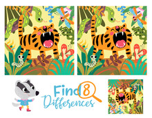 Find 8 Differences Mini Game For Children. Jungle Theme With Roaring Tiger, Snake, Worm And Dragonfly On The Floral Background.