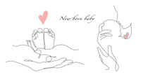 Vector One Line Art Set Of Illustrations Of A New Born Baby Heels And Mother Holding A New Born Baby. Lineart Family Portret