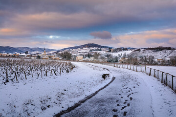 Wall Mural - Village of Denice and landscape of Beaujolais under the snow