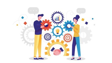 Aufkleber - Business partners concept. Man and woman hold cog and develop strategy for achieving goals together. Teamwork of employees. Pop up elements. Handshake of entrepreneurs. Graphic animated cartoon