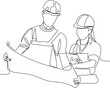 © Luci - Minimal vector illustration. View of a Worker and architect watching some details on a construction. Continuous line draw of architects at a construction site looking at plan
