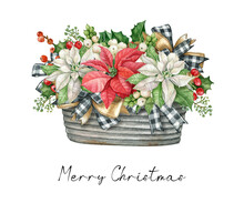 White  Poinsettia Flower In Rustic Pot With Buffalo Plaid Bow,pine Cone, Firry,holly Leaves And Red Berries. Watercolor Illustration.Christmas Winter Holiday Bouquet Isolated On The White Background
