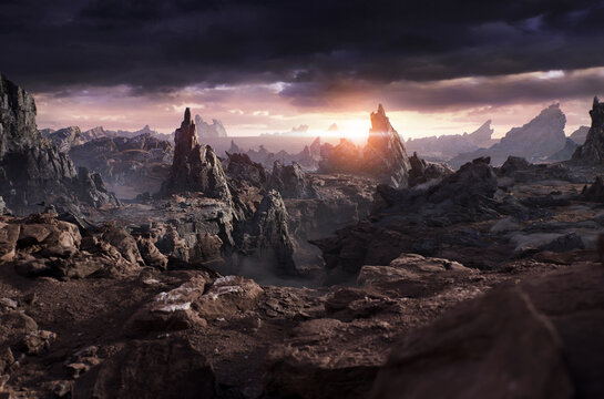 the mystical dark world of rocks. cinematic view. 3d render