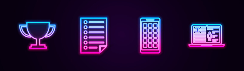 Fototapete - Set line Trophy cup, Document, Mobile Apps and Medical clinical record. Glowing neon icon. Vector