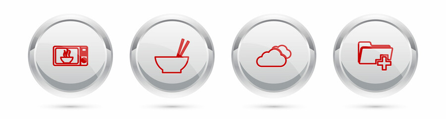 Sticker - Set line Microwave oven, Bowl with chopsticks, Cloud and Add new folder. Silver circle button. Vector