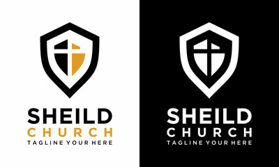 Cross and shield of faith christian church vector logo. Missionary icon. Religious symbol. Protection, safety, security sign. Windows or doors. Weapon conservative idea.on a black and white background