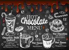 Chalk Drawing Poster Of Hot Chocolate Menu With Melted Chocolate. Sketch Hand Drawn Hot Cocoa With Marshmallow, Whipped Cream, Cinnamon, Candy Cane On Blackboard. Winter Drinks. Vector Illustration.