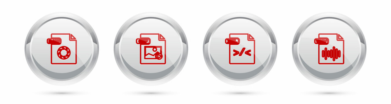 Set line RAW file document, GIF, XSL and WAV. Silver circle button. Vector