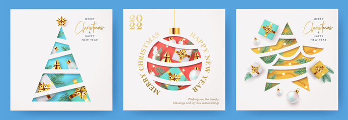 Wall Mural - xmas modern design set in paper cut style with christmas tree, ball, star golden blue and white gift