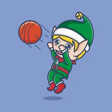 Cute Cartoon Christmas Elves Playing Basketball. Vector Illustration For Mascot Logo Or Sticker